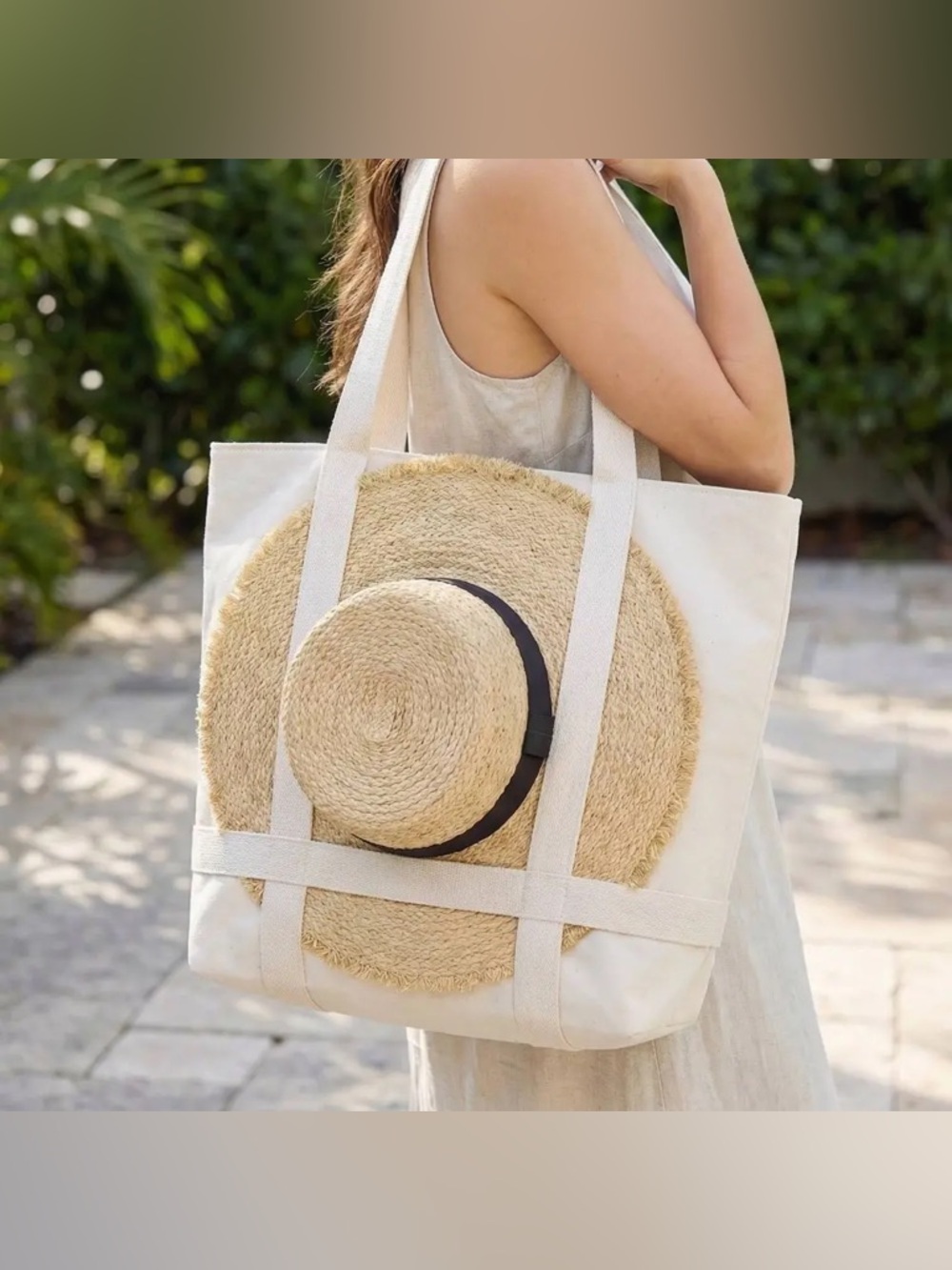 Canvas Tote Bag with Carry All Strap - Cream
